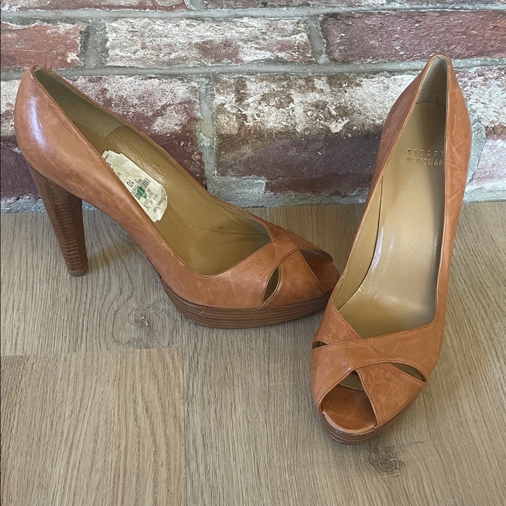 Stuart Weitzman Tan Peep Toe Heels